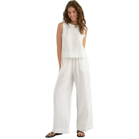 Linen Feel Blouse & Elastic Waist Pants Two-Piece Coord Set