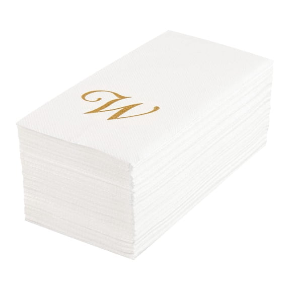 Linen Feel Guest Towels 15.8x7.9 Inch, 50 Disposable Hand Towels, Gold Letter W Cursive Design, White Airlaid Paper Dinner Napkins, for Restaurant, Wedding, Party, Table Decor