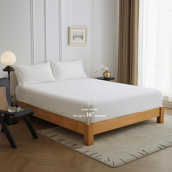 Linen Fitted Sheet Deep Pocket (1 Piece), Fits Mattresses up to 16" Flax Cotton Blended, Breathable, 360 °   Full Wraparound, Soft & Cozy Bedding - White, Full Size