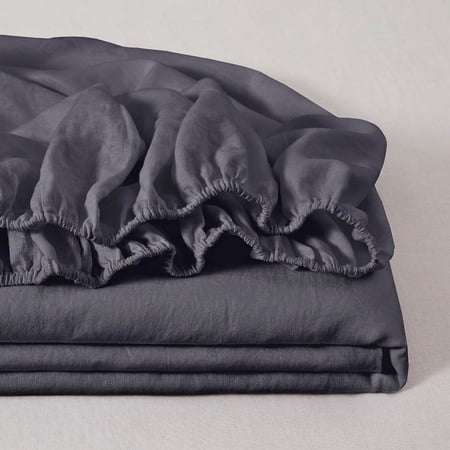 Linen Fitted Sheet Mattress Cover - 1 count Stone Washed 15 Inch Deep Pocket Made from Pure Flax Breathable Bedding(Dark Grey,)