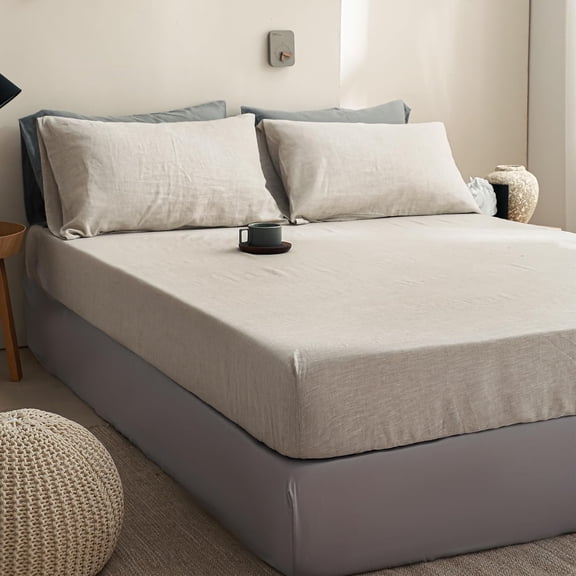 Linen Fitted Sheet - Organic Deep Pocket Bed Sheets for 16" Mattress, Natural French Flax Stone Washed Farmhouse Soft Breathable Bottom Sheets (Queen, Linen)