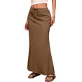 thumbnail image 1 of Linen Flared Maxi Skirt with Back Slit - Elastic Waist Drawstring Long Flowy Ankle-Length Skirt Brown M, 1 of 9