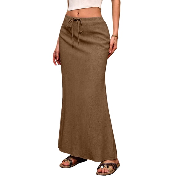 Linen Flared Maxi Skirt with Back Slit - Elastic Waist Drawstring Long Flowy Ankle-Length Skirt Brown M