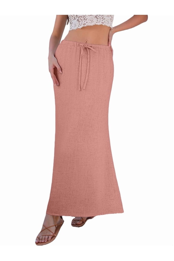 Linen Flared Maxi Skirt with Back Slit - Elastic Waist Drawstring Long Flowy Ankle-Length Skirt Pink XL