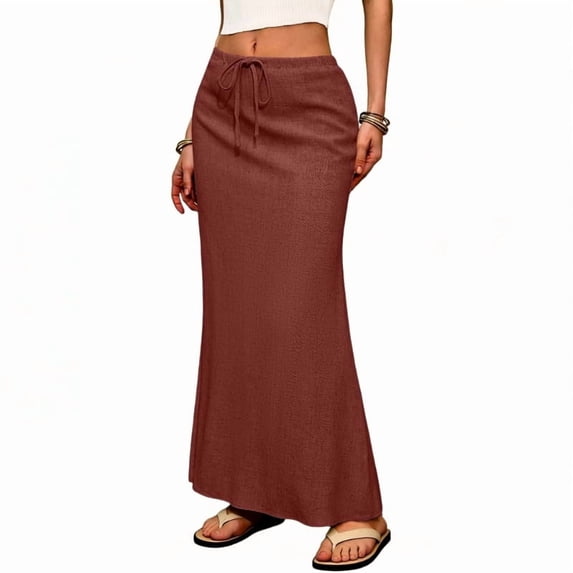 Linen Flared Maxi Skirt with Back Slit - Elastic Waist Drawstring Long Flowy Ankle-Length Skirt