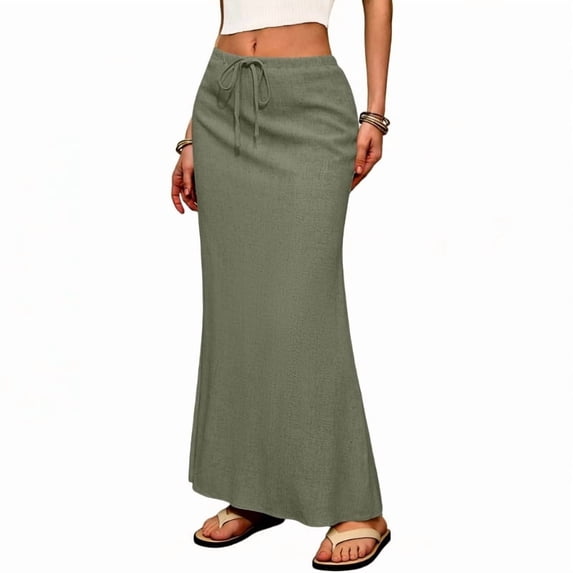 Linen Flared Maxi Skirt with Back Slit - Elastic Waist Drawstring Long Flowy Ankle-Length Skirt