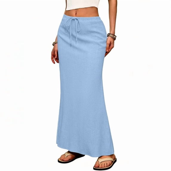 Linen Flared Maxi Skirt with Back Slit - Elastic Waist Drawstring Long Flowy Ankle-Length Skirt
