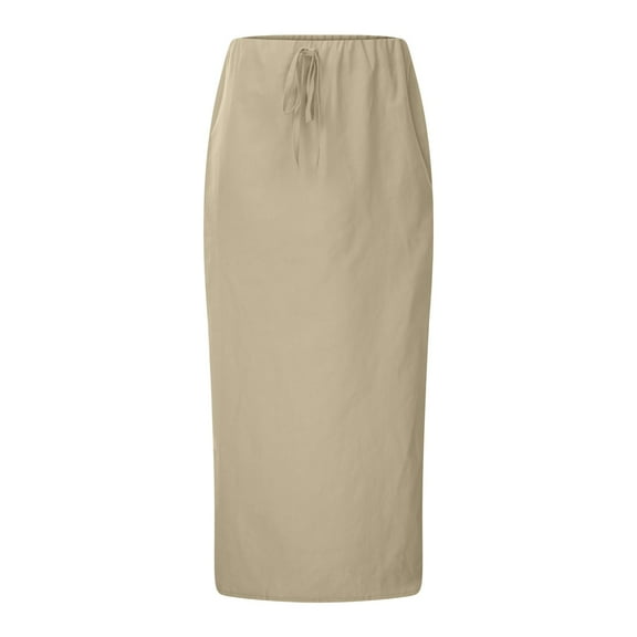 Linen Flared Maxi Skirt with Elastic Waist Drawstring Flowy Ankle Length Casual Boho Summer Skirt for Women