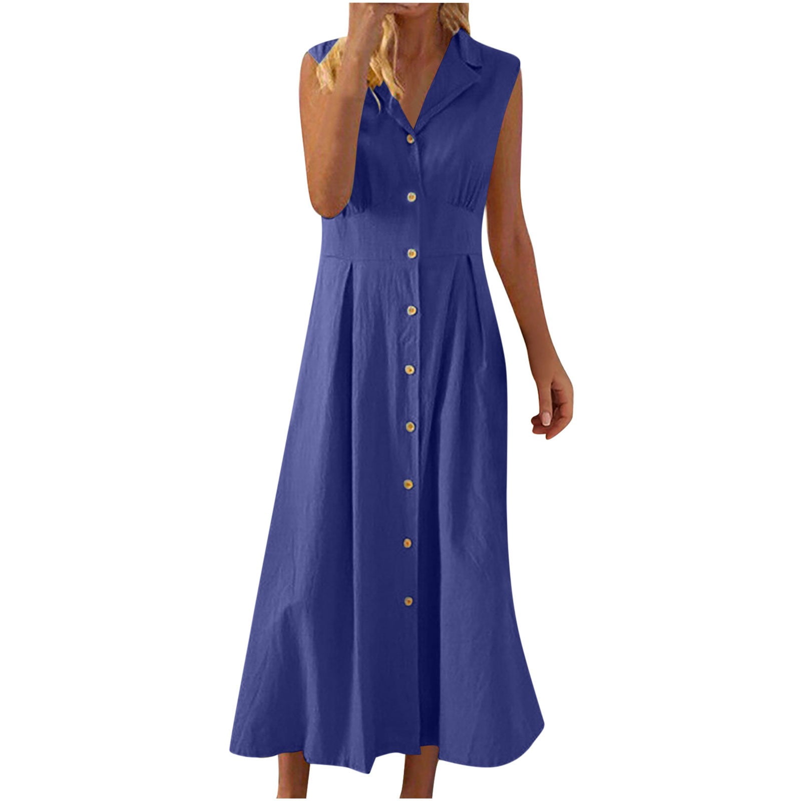 Linen Floral A-Line Dresses for Women Sleeveless V Neck Lapel Collared Maxi  Dresses Full Button Down Flowy Wedding Guest Shirt Dresses Dark Blue XXL -  Walmart.com