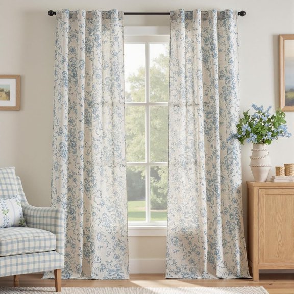 Linen Floral Curtains 96 Inch Length for Living Room Bedroom Light Filtering Farmhouse Peony Flower Drapes Rustic Window Curtain Set Rod Pocket Back Tab 2 Panels Blue