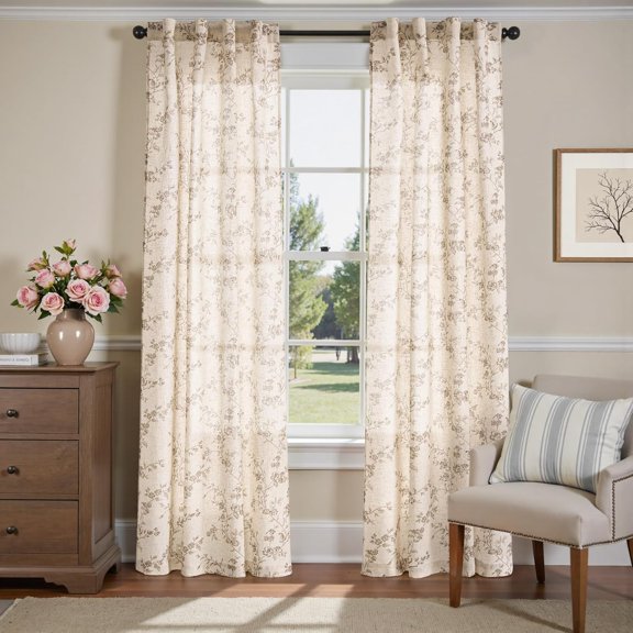 Linen Floral Curtains Farmhouse Country Flower Drapes Rustic Window Curtains Light Filtering for Living Room Bedroom Laundry Back Tab Panels Taupe on Beige