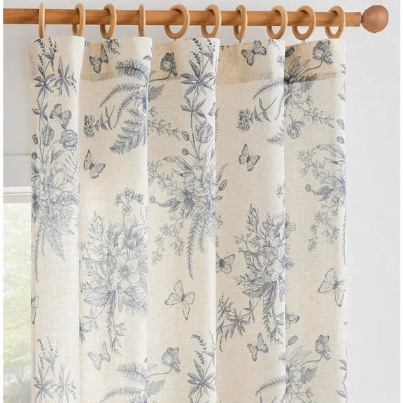 Linen Floral Drapes for Living Room 84 Inch Length Blue Farmhouse Drapes Rod Pocket Back Tab Pattern French Country Vintage Drape | 2 Panel Pair Blue Flower Printed Drape