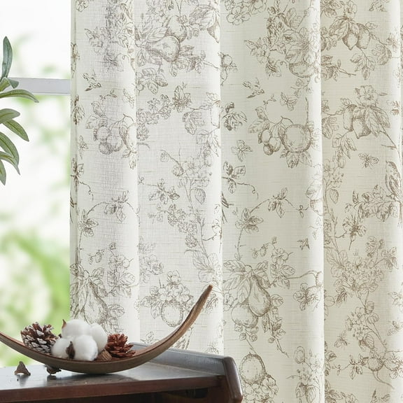 Linen Floral Drapes for Living Room 84 Inch Length Taupe Printed Flower French Country Drape Farmhouse Cottage Core Toile Drapes Back Tab Light Filtering Window Drapes Kit 2 Panel Pair