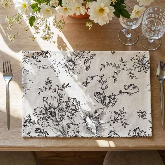 Linen Floral Fall Placemats Set of 4 Cloth Table Mats Rustic Cottagecore Jacobean Outdoor Seasonal for Kitchen Dining Table Decor Washable Tablemats 13x19 Inch Green