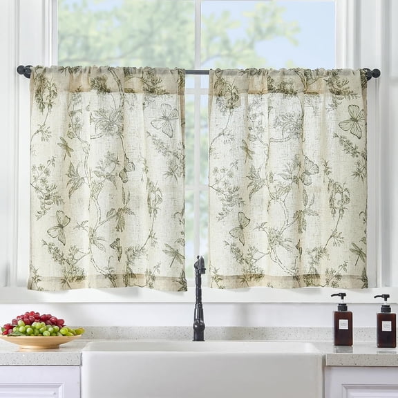 Linen Floral Kitchen Curtains 36 Inch Long, Green Farmhouse Kitchen Window Rustic Country Small Curtains Rod Pocket Tiers, Set of 2, Green on Beige