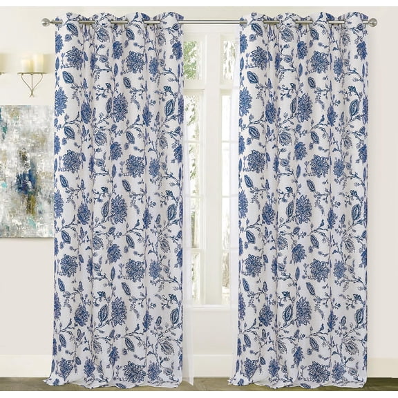Linen Floral Paisley Navy Blackout Curtains for Living Room Bedroom 84 Inch Length 2 Panels Lined Grommet Window Drapes Thermal Farmhouse Country Jacobean Curtains