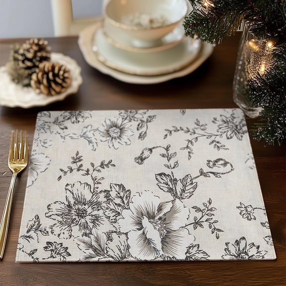 Linen Floral Placemats Set of 4 and Table Runner 13x72 Inch Rustic Cottagecore Decorative Botanic Printed Indoor Dining Table Mat Black on Beige