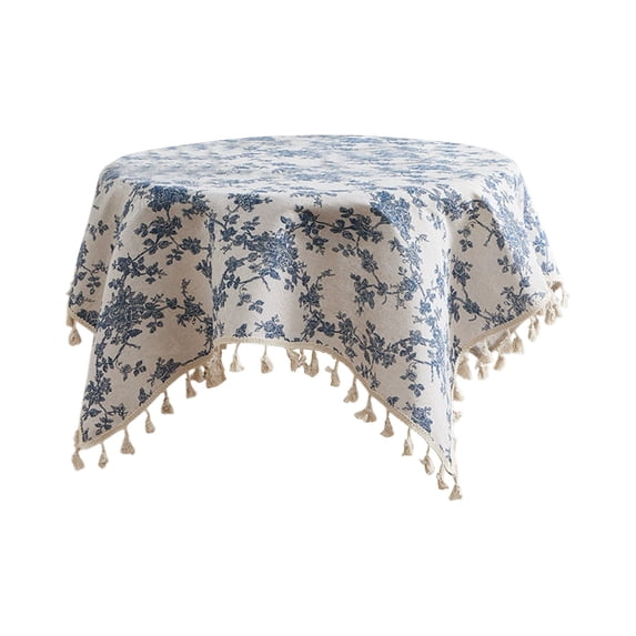 Linen Floral Round Tablecloth 35 Inch – Washable Vintage Blue Table Cloth for Indoor & Outdoor Dining, Restaurant, Picnic, Pastoral Table Cover Decor