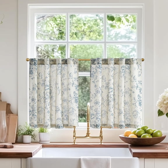 Linen Floral Tier Curtains 24 Inch Farmhouse Botanic Cafe Curtains Light Filtering Drapes for Small Windows Back Tab Half Window for Kitchen Living Room Bathroom 2 Panels Blue