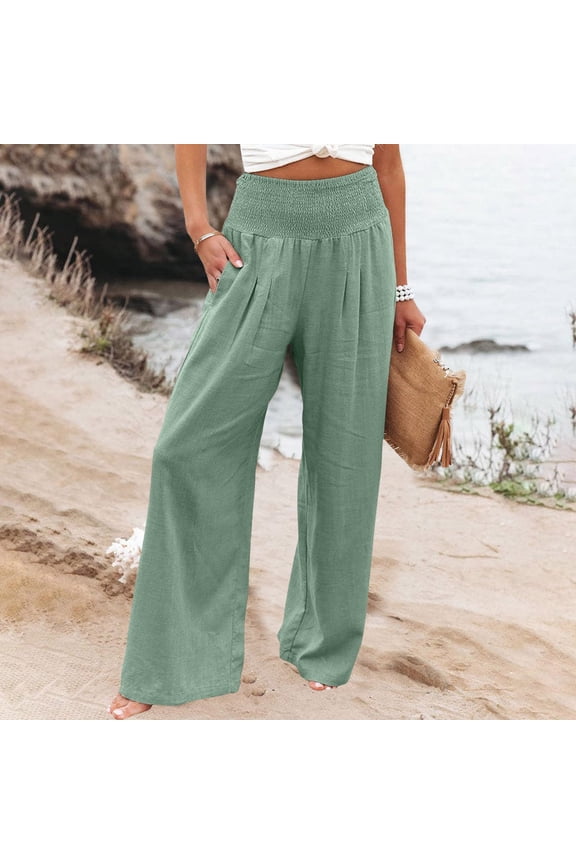 Linen Full-Length Wide Leg Loose Fit High Waisted Beach Cargo Pants for Women Green Leisure Sand Weekend Palazzo Casual Trendy Trouses With Pockets S