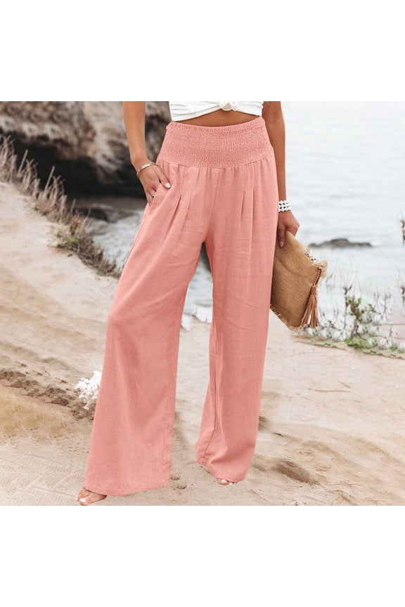 Linen Full-Length Wide Leg Loose Fit High Waisted Beach Cargo Pants for Women Pink Leisure Sand Weekend Palazzo Casual Trendy Trouses With Pockets S