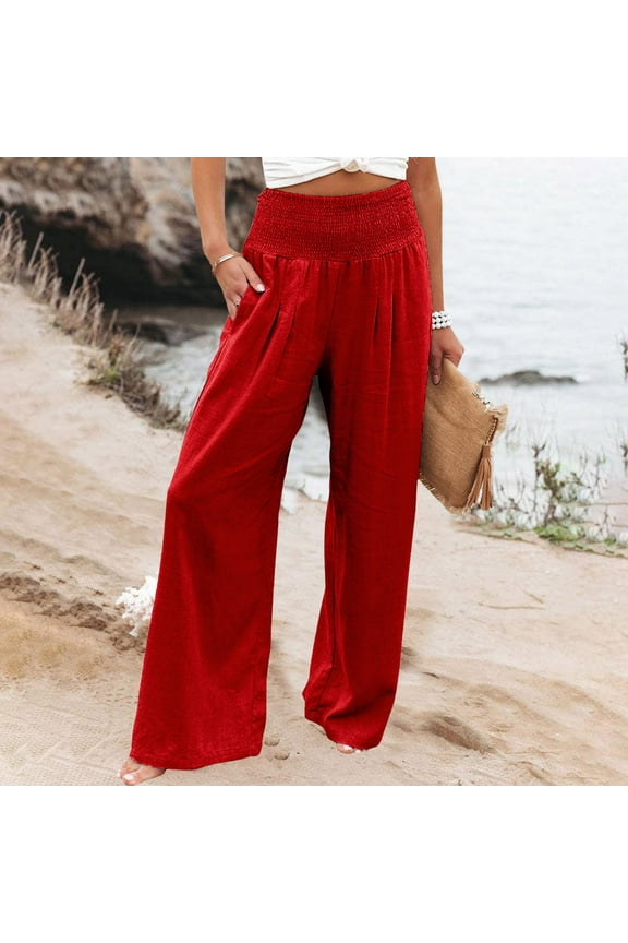 Linen Full-Length Wide Leg Loose Fit High Waisted Beach Cargo Pants for Women Red Leisure Sand Weekend Palazzo Casual Trendy Trouses With Pockets S