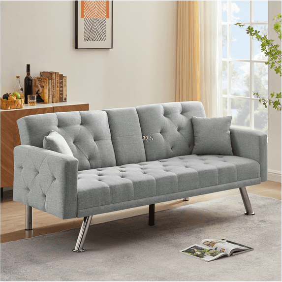 Linen Futon Sofa with Adjustable Backrest and Pillows, Modern Loveseat Sofa with 2 Water Cup Trays and Armrest, Convertible Sleeper Sofa for Living Room, Bedroom, Apartment, Grey