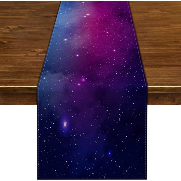 Linen Galaxy Table Runner for Kids Birthday Party Decorations Star Outer Space Starry Night Supply Dining Room Kitchen Home Decor (13.8" x 108")