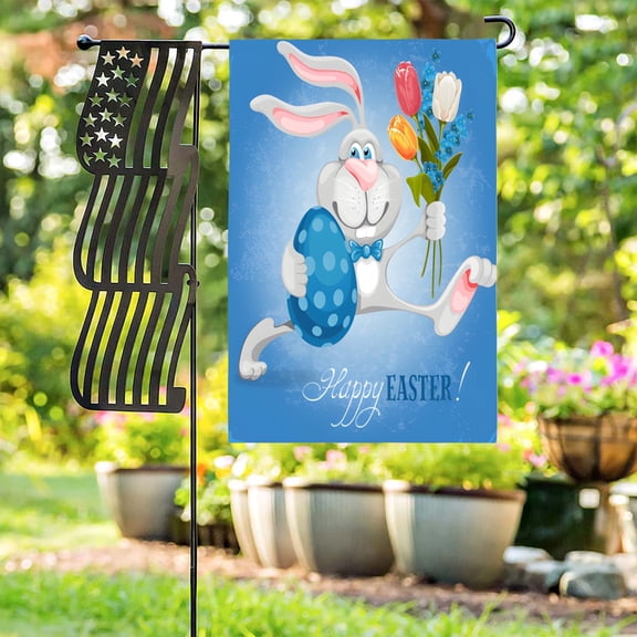 Linen Garden Flag Banner - Easter Blue Tulip Bunny 12x18 - White