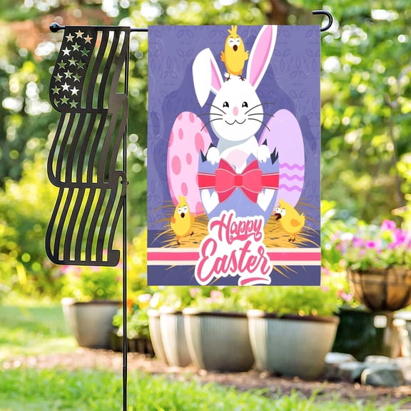 Linen Garden Flag Banner - Easter Purple Bunny 12x18 - White