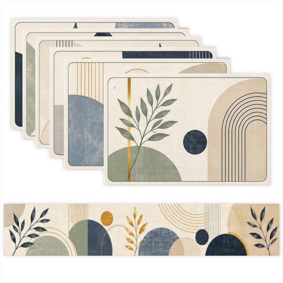 Linen Geometry Leaves Placemat and Table Runner Set, Soft Durable Easy Clean, 7-Piece (1 Table Runner, Set of 6 Placemats)