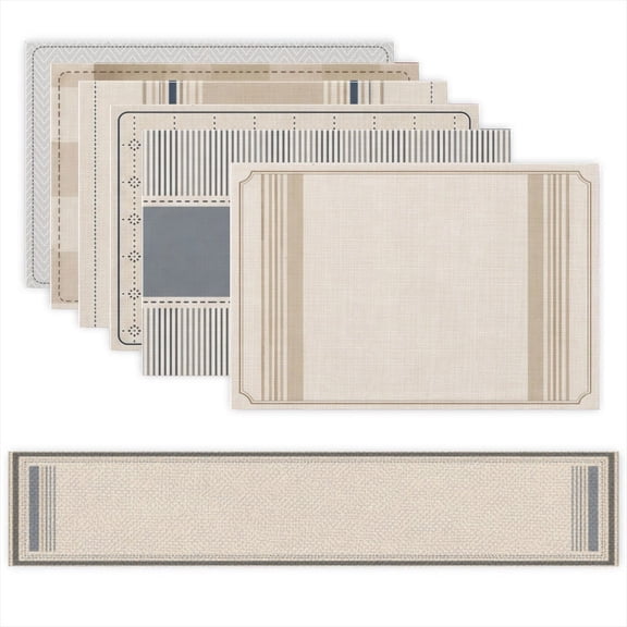 Linen Geometry Placemat and Table Runner Set, Soft Durable Easy Clean, 7-Piece (1 Table Runner, Set of 6 Placemats)