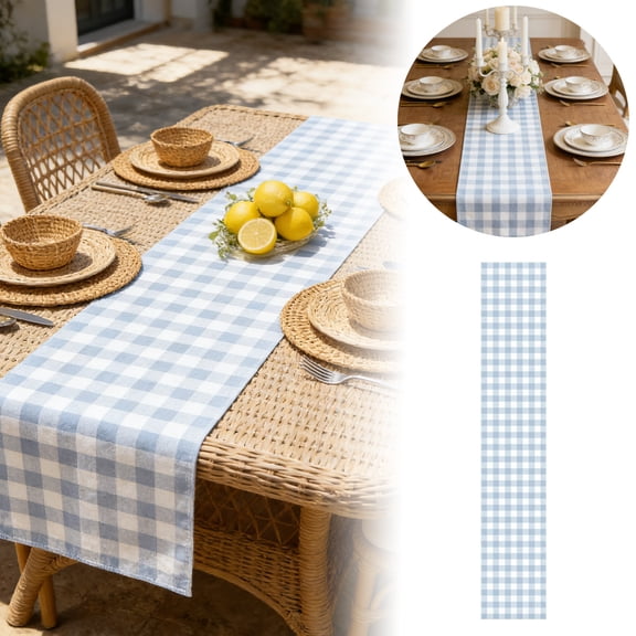 Linen Gingham Table Runner 70 Inches, Blue Bell Checkered Table Runner 13 x 70 Inch, Cotton Buffalo Plaid Tablecloth for Spring Easter Mothers Day, Farmhouse Baby Shower Birthday Decor
