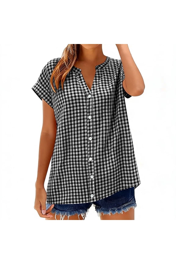 Linen Gingham Tops for Women Summer Short Sleeve Plaid Shirts Cotton Loose Causal Button V Neck Blouses Clothes Plus Size T-Shirt Checkered Going Out Tops