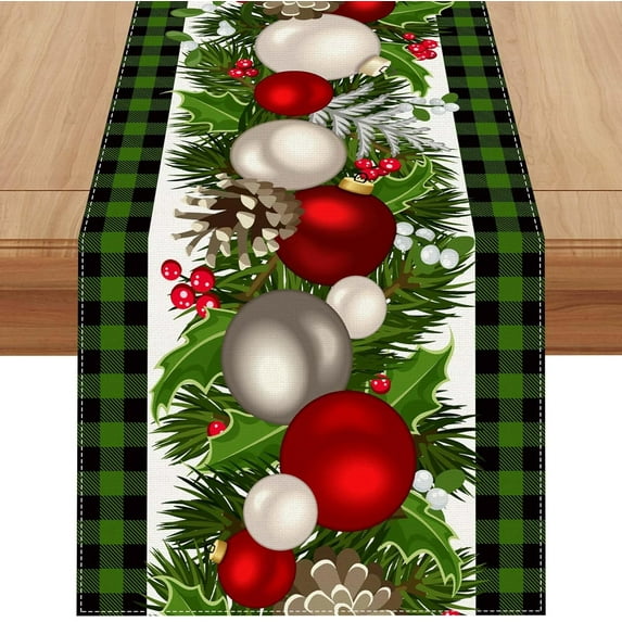 Linen Green and Black Buffalo Check Plaid Christmas Table Runner 108 Inches Long Farmhouse Winter Christmas Xmas Holiday Home Kitchen Table Decorations