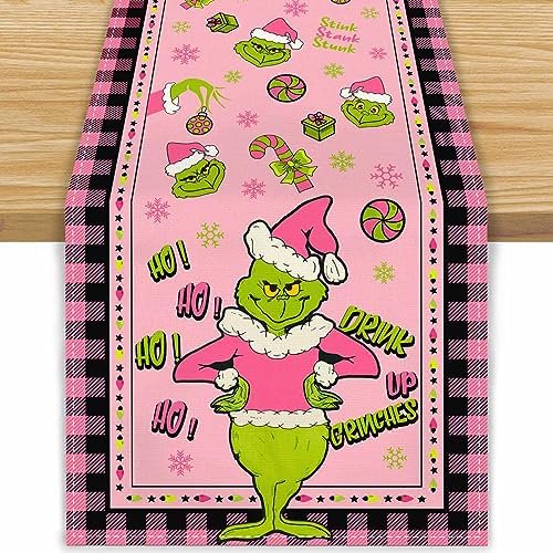 Linen Green Christmas Table Runner Merry Grinchmas Tablecloth Christmas