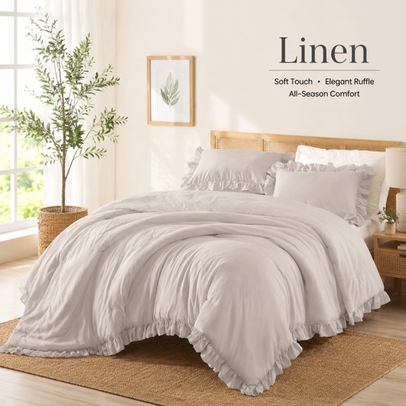 Linen Grey Ruffle Comforter Set Cal King 3 Pieces Soft Polyester Bedding with 1 Ruffled Comforter & 2 Pillowcases Farmhouse Rustic Chic
