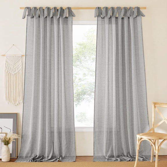 Linen Grey Sheer Curtains 84 inches Length 2 Panels, Adjustable Tie Top DIY Crafted Flax Linen Sheer Drapes Privacy with Light Filtering for Bedroom/Living Room, W52 x L84