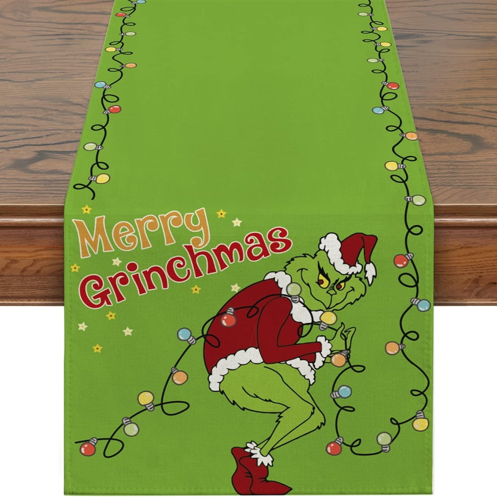 Linen Grinch Table Runner Merry Grinchmas Tablecloth Grinch Christmas
