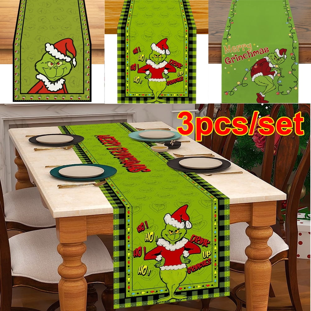 Linen Grinch Table Runner Merry Grinchmas Tablecloth Grinch Christmas