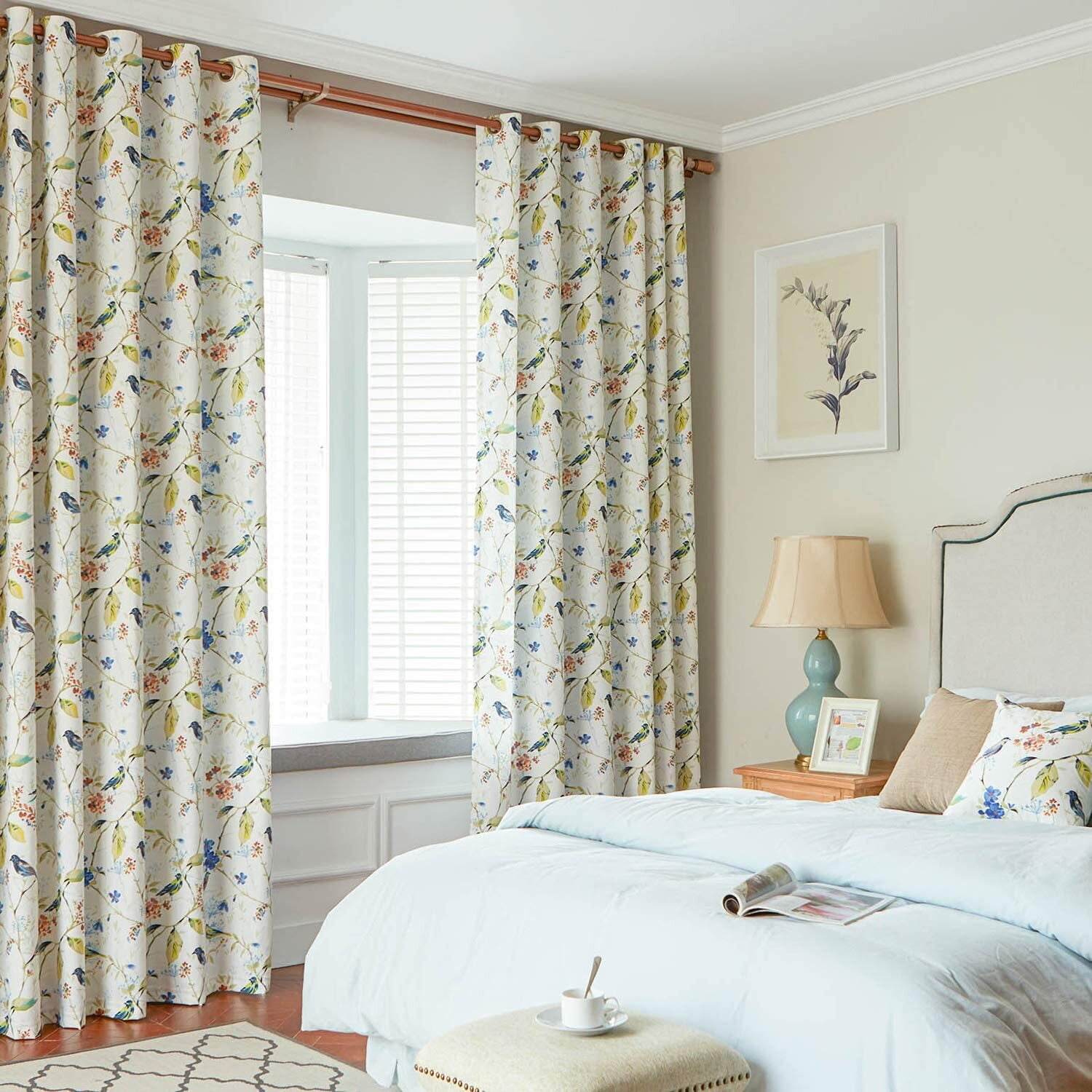 VOGOL Linen Grommet Blackout Curtains, Birds and Flower Print Window Panels for Bedroom Living Room, One Panel, W52xL63, Blue