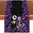 thumbnail image 1 of Linen Halloween Table Runner Gothic Skull Tablecloth Day of The Dead Roses Skull Decor Halloween Decorations and Supplies for Home Kitchen Table-13×90’’ Jack Skellington and Sally, 1 of 6