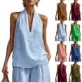 thumbnail image 1 of Linen Halter Tops for Women Flowy Loose Fit Sleeveless Tank Top Casual Summer V Neck Blouses Beach Clothes Army Green M, 1 of 7