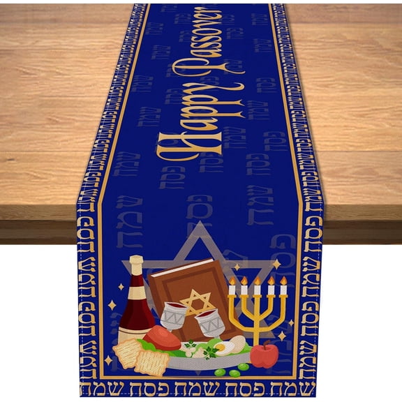 Linen Happy Passover Table Runner Jewish Holiday Party Dining Room Kitchen Home Mantle Fireplace Decoration