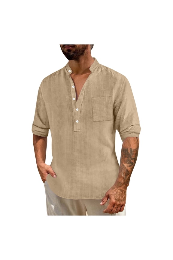 Linen Henley Shirt Men Beach Long Sleeve V Neck Button Up Hippie Top Lightweight Breathable Summer Casual Drawstring Boho Shirt with Pocket