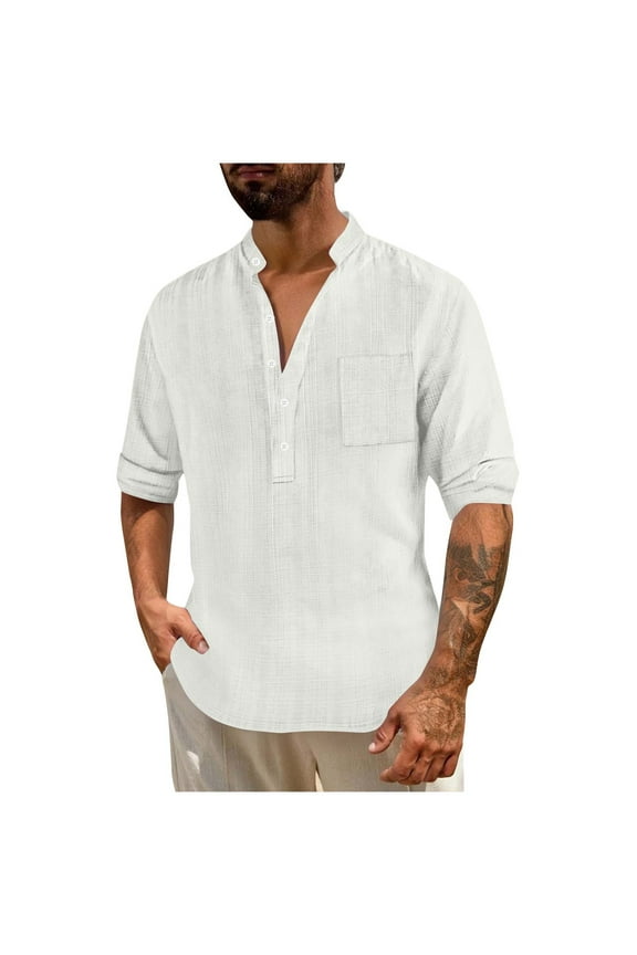 Linen Henley Shirt Men Beach Long Sleeve V Neck Button Up Hippie Top Lightweight Breathable Summer Casual Drawstring Boho Shirt with Pocket