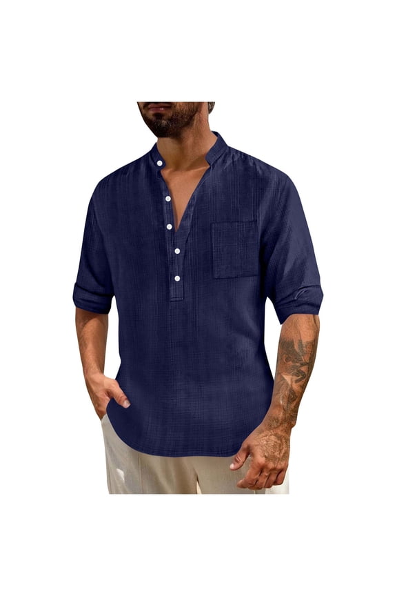 Linen Henley Shirt Men Beach Long Sleeve V Neck Button Up Hippie Top Lightweight Breathable Summer Casual Drawstring Boho Shirt with Pocket