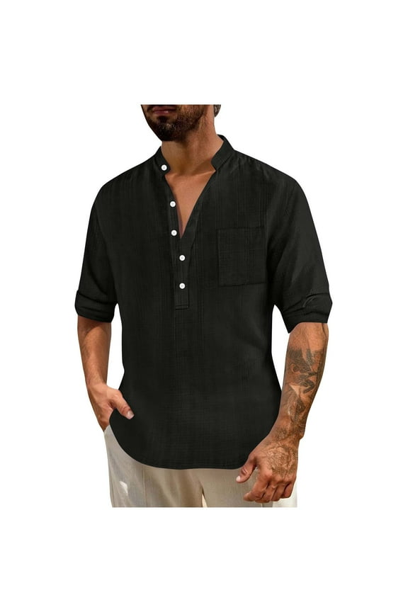 Linen Henley Shirt Men Beach Long Sleeve V Neck Button Up Hippie Top Lightweight Breathable Summer Casual Drawstring Boho Shirt with Pocket