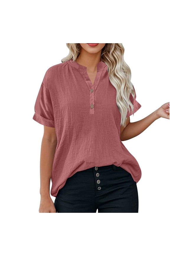 Linen Henley Shirt for Women - V-Neck Button-Down Tunic, Short Sleeve Boho Top