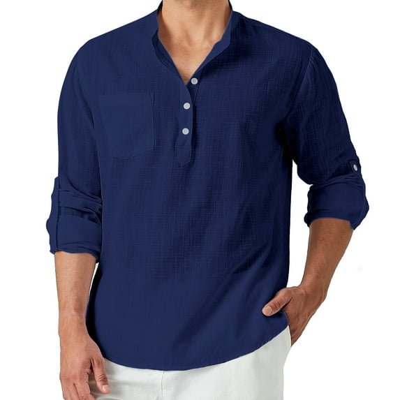 Mens Linen Henley Shirt Long Sleeve Band Collar Casual Hippie Tee Beach Button up Top Navy M